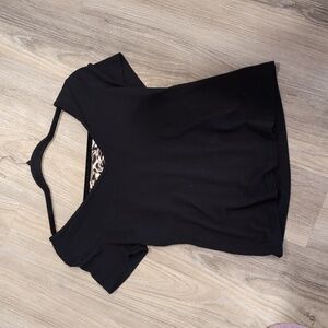 Black tee with leopard bow runs small